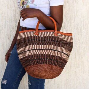 NWOT Woven Sisal Bag with Leather Handles and Zipper Closure